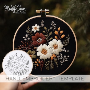May include: A black embroidery hoop with a floral design embroidered in white, orange, brown, and green thread. The design includes flowers, leaves, and stems. The hoop is on a black surface. HAND EMBROIDERY TEMPLATE is written in white text below the hoop.