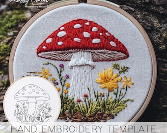 キノコの自然の手刺繍テンプレート（ステッチガイドなし）、コテージコアデジタル刺繍パターン、気まぐれな刺繍かわいいキノコ
