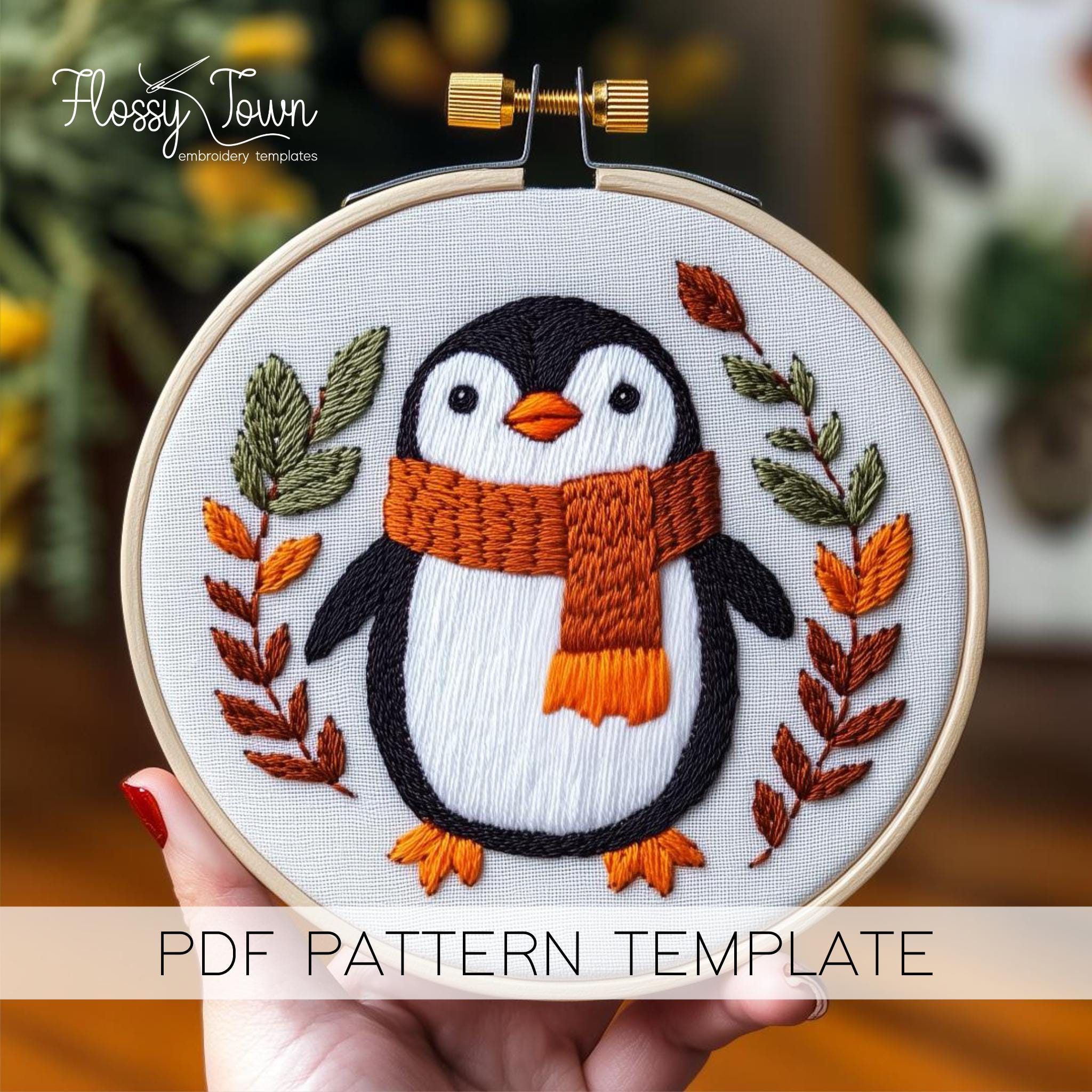 ペンギンの刺繍テンプレート（ステッチガイドなし）、かわいい冬の手 