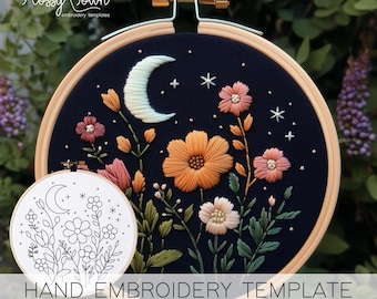 Night Flowers Embroidery Pattern Template (NO STITCH GUIDE), Flowers Hand Embroidery, Whimsical Flower Embroidery Printable Embroidery