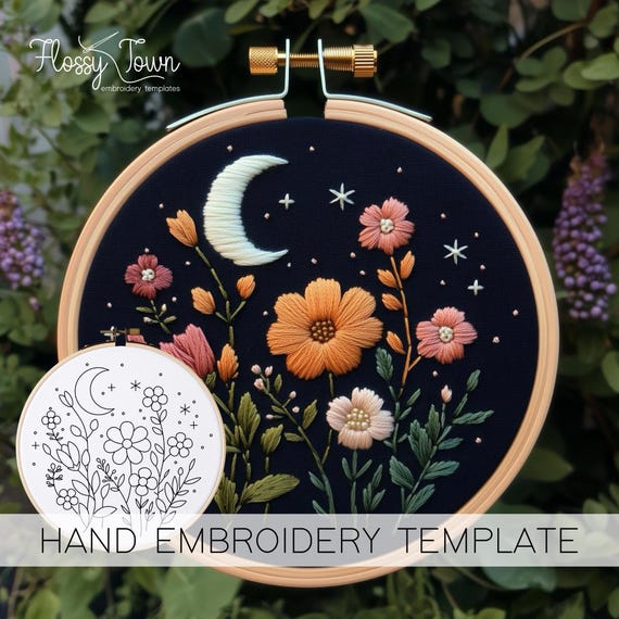 夜の花の刺繍パターンテンプレート（ステッチガイドなし）、花の手刺繍