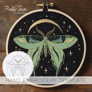 Whimsical Moth Embroidery Template (NO STITCH GUIDE), Moon And Moth Hand Embroidery Pattern Template, Luna Moth Embroidery Printable Pattern