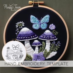 Puede incluir: Plantilla de bordado a mano con una mariposa azul y tres setas moradas y blancas con tallos blancos. La plantilla está sobre un fondo blanco con un contorno negro.