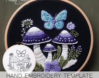 Mushroom Forest Embroidery Template (NO STITCH GUIDE), Whimsical Nature Embroidery Design Mushrooms Embroidery Pattern Cute Hand Embroidery