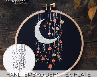 Moon And Falling Flowers Embroidery Template (NO STITCH GUIDE), Celestial Hand Embroidery Template, Cosmic Embroidery Pattern Moon Floral