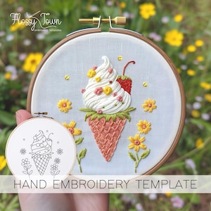 Strawberry Ice Cream Hand Embroidery Template (NO STITCH GUIDE), Summer Embroidery Pattern, Icecream Embroidery Pattern Fun Embroidery