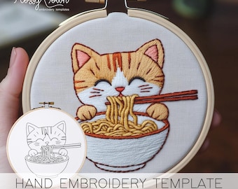 Patrón de bordado de gato ramen: fideos japoneses kawaii (sin guía de puntadas)