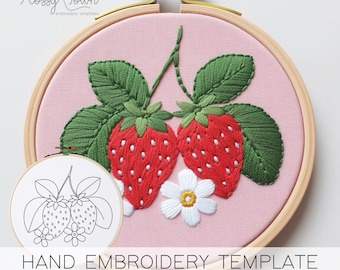 Plantilla de bordado a mano de fresas (SIN GUÍA DE PUNTADAS), patrón de bordado Cottagecore, patrón de bordado de frutas Lindo patrón de bordado de fresas