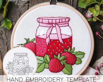Plantilla de bordado a mano con mermelada de fresa (SIN GUÍA DE PUNTADAS), patrón de bordado con gelatina de fresa, decoración con linda fresa con bordado Cottagecore