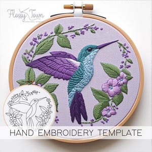 Hummingbird Embroidery Template (NO STITCH GUIDE) Bird Hand Embroidery Pattern, Modern Embroidery, Pretty Bird Embroidery Pattern Flowers