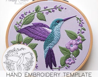 Hummingbird Embroidery Template (NO STITCH GUIDE) Bird Hand Embroidery Pattern, Modern Embroidery, Pretty Bird Embroidery Pattern Flowers