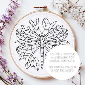 May include: Black and white line art digital download of a dragonfly with leaves. The image is in a hoop and says "You will receive a linework PDF digital template. No stitch/colour guide included."
