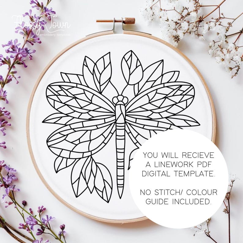 May include: Black and white line art digital download of a dragonfly with leaves. The image is in a hoop and says "You will receive a linework PDF digital template. No stitch/colour guide included."