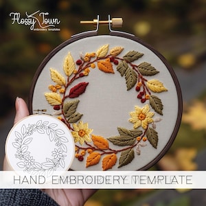 Autumn Wreath Embroidery Template (NO STITCH GUIDE), Fall Wreath Hand Embroidery Pattern, Fall Leaves Embroidery Leaves And Flowers