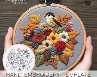 Fall Bird Embroidery Pattern Template(NO STITCH GUIDE), Fall Leaves Hand Embroidery Pattern Template, Autumn Embroidery, Fall Embroidery