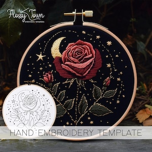 天体のバラの刺繍テンプレート（ステッチガイドなし）、星と月の手刺繍パターンテンプレート、気まぐれでかわいいバラの手刺繍