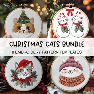 Könnte beinhalten: Ein Set mit acht Stickmustern, die niedliche Katzen in festlicher Weihnachtskleidung zeigen. Die Muster beinhalten Katzen, die Weihnachtsmützen, Schals und Christbaumschmuck tragen. Die Muster sind perfekt, um Ihrer Wohnkultur einen Hauch von festlicher Stimmung zu verleihen.