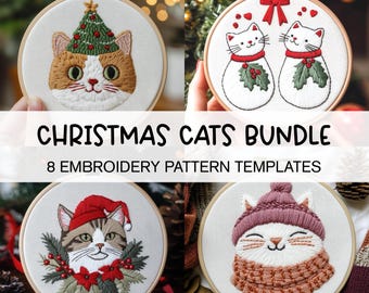 クリスマス猫の手刺繍テンプレートバンドル（ステッチガイドなし）、冬の猫の刺繍パターン、お祝いの猫の刺繍、クリスマス猫愛好家