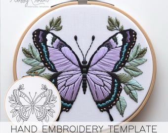 Butterfly Leaves Hand Embroidery Template (NO STITCH GUIDE), Nature Hand Embroidery Pattern, Floral Butterfly Embroidery Printable Pattern
