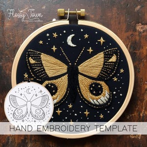 Night Moth Embroidery Template (NO STITCH GUIDE), Moon And Moth Hand Embroidery Pattern Template, Whimsical Moth Embroidery Printable Design