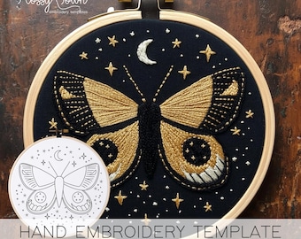 Night Moth Embroidery Pattern: Moon & Stars Printable Design (Digital Download)