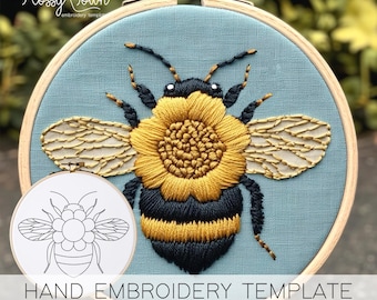 Modèle de motif de broderie main fleur d'abeille (SANS GUIDE DE POINT), motif de broderie bourdon, motif de broderie imprimable abeille mignon miel