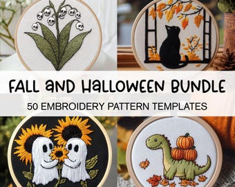 Fall & Halloween Embroidery Pattern Bundle: 16 Designs (PDF Download)