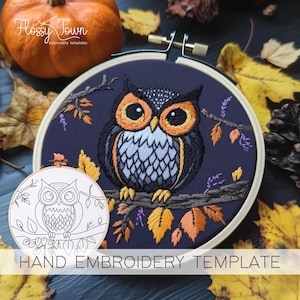 Autumn Owl Embroidery Template (NO STITCH GUIDE), Owls Hand Embroidery Design, Embroidery Bird Pattern, Fall Owl Embroidery Spooky Owl