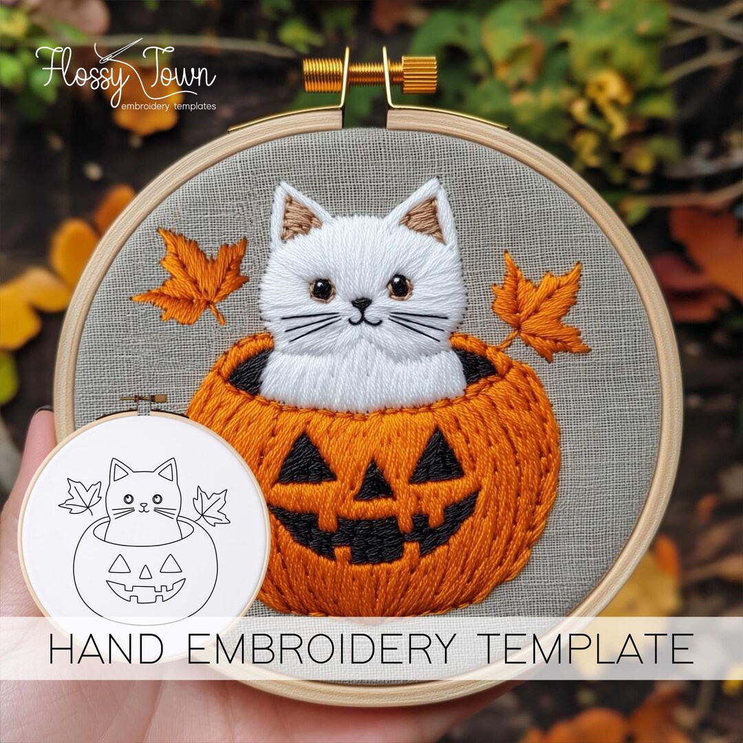 Jack O'lantern Cat Embroidery Template, (NO STITCH GUIDE) Jacko