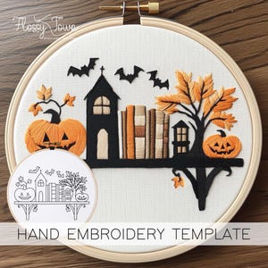 Halloween Shelf Hand Embroidery Template (NO STITCH GUIDE), Spooky Embroidery Pattern, Halloween Embroidery Cute Spooky Bookshelf Embroidery