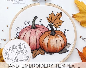 Two Pumpkins Embroidery Template (NO STITCH GUIDE), Thanksgiving Hand Embroidery, Autumn Embroidery Halloween Season Embroidery Pattern Fall
