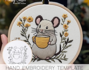 Handbroderimall med musmugg (INGEN STYGNGUIDE), broderimönster med Cottagecore, söt musbroderi, mössbroderi med tebroderi