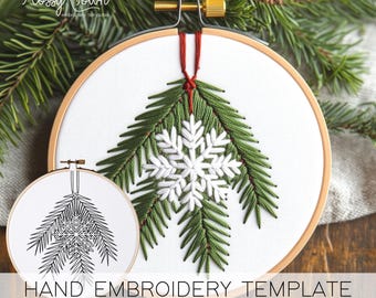 Snowflake & Pine Hand Embroidery Pattern Template: Christmas Decoration (NO STITCH GUIDE) Digital pdf