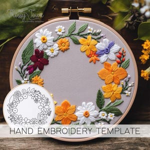 Floral Wreath Hand Embroidery Template (NO STITCH GUIDE), Summer Flowers Embroidery Pattern Template, Spring Flowers Embroidery Pattern