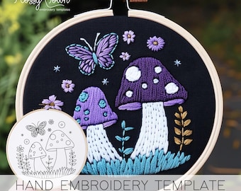 Molde de bordado à mão de cogumelos borboleta (SEM GUIA DE PONTOS), Design de bordado caprichoso, Padrão de bordado Mushroomcore Cute Boho