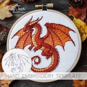 Dragon Hand Embroidery Template (NO STITCH GUIDE), Fall Dragon Embroidery Pattern, Fantasy Embroidery Design, Mythical Creatures Embroidery