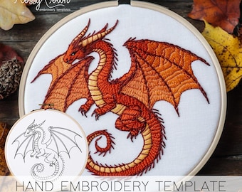 Dragon Hand Embroidery Template (NO STITCH GUIDE), Fall Dragon Embroidery Pattern, Fantasy Embroidery Design, Mythical Creatures Embroidery