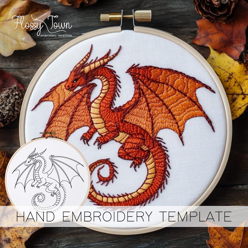 Dragon Hand Embroidery Template (NO STITCH GUIDE), Fall Dragon Embroidery Pattern, Fantasy Embroidery Design, Mythical Creatures Embroidery image 1
