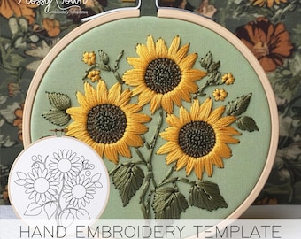 Sunflower Hand Embroidery Template (NO STITCH GUIDE) Cute Floral Embroidery Pattern Template, Summer Flowers Embroidery, Flowers Embroidery