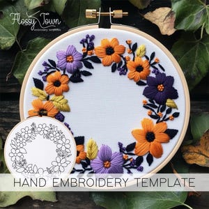 Fall Floral Wreath Hand Embroidery Template(NO STITCH GUIDE), Halloween Wreath Embroidery Pattern, Flowers Embroidery Flower Wreath pdf