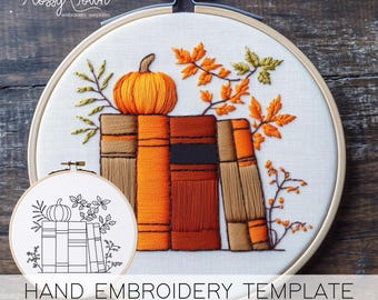 Plantilla de bordado a mano de libros de otoño (SIN GUÍA DE PUNTADAS), Patrón de bordado de lectura de otoño, Bordado para amantes de los libros, Decoración de estantería de otoño