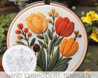 チューリップの刺繍パターン：簡単な花柄デザイン（PDFパターン