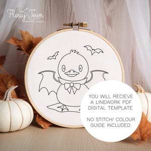 May include: A black and white line drawing of a duck wearing a vampire costume with bat wings. The duck is on a small platform with bats flying above. The text "YOU WILL RECIEVE A LINEWORK PDF DIGITAL TEMPLATE. NO STITCH/COLOUR GUIDE INCLUDED." is below the duck.