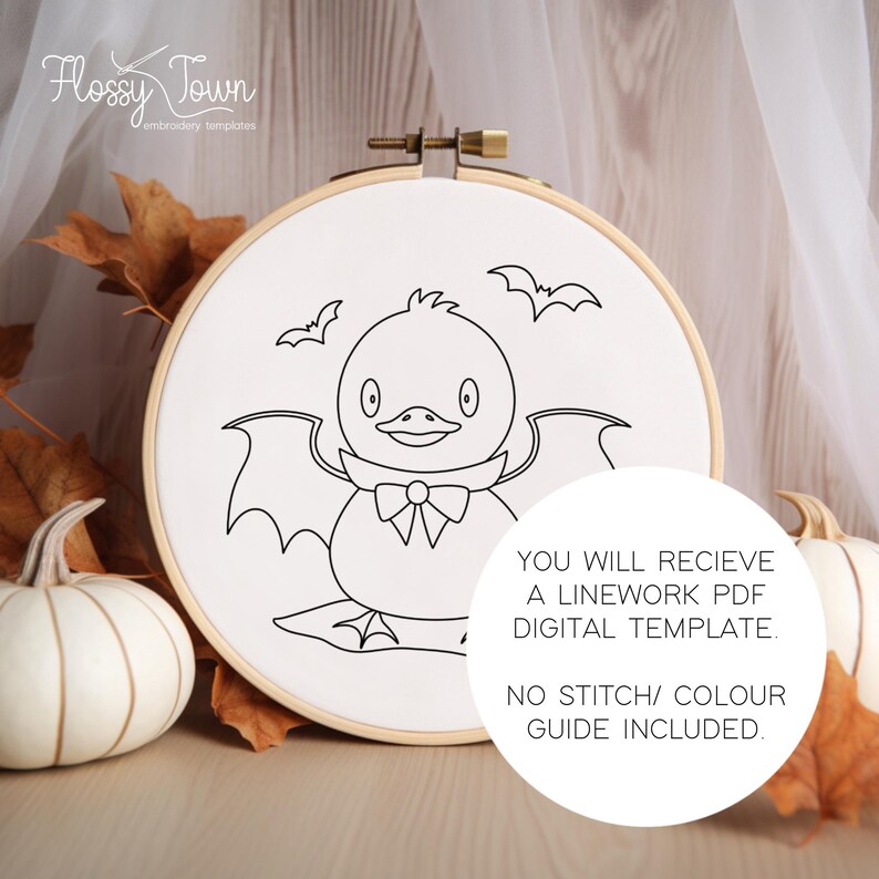 May include: A black and white line drawing of a duck wearing a vampire costume with bat wings. The duck is on a small platform with bats flying above. The text "YOU WILL RECIEVE A LINEWORK PDF DIGITAL TEMPLATE. NO STITCH/COLOUR GUIDE INCLUDED." is below the duck.