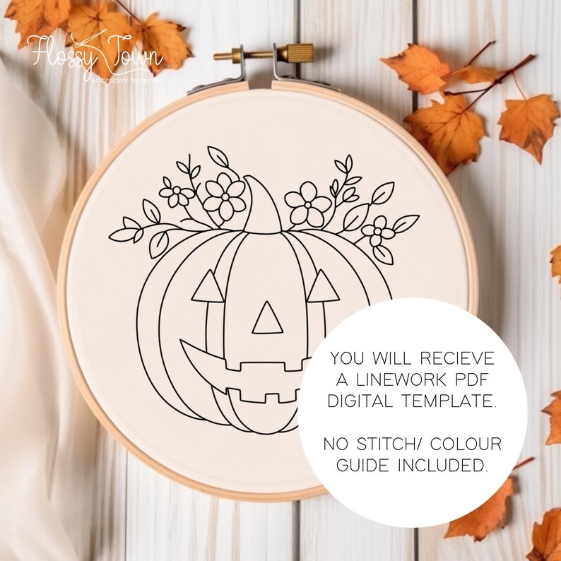 Floral Jack O Lantern Embroidery Template, Floral Pumpkin Embroidery