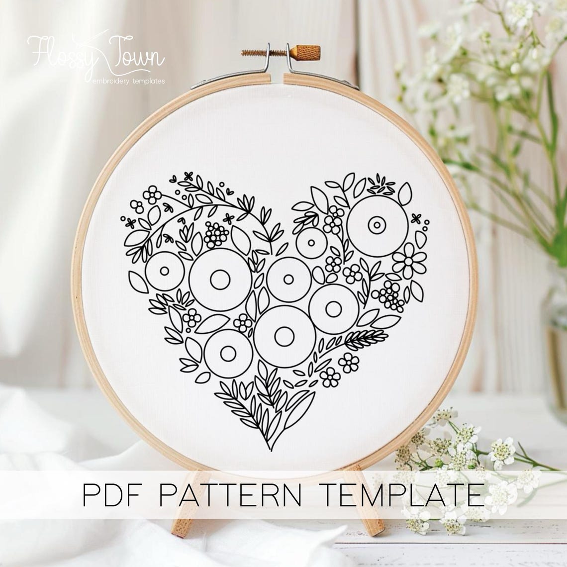 Flower Heart Hand Embroidery Template (NO STITCH GUIDE), Cute Floral ...