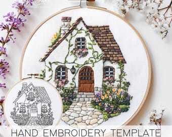 コテージハンド刺繍テンプレート（ステッチガイドなし）、コテージコア刺繍パターン、ホーム刺繍パターン新しい家の刺繍パターン居心地の良い