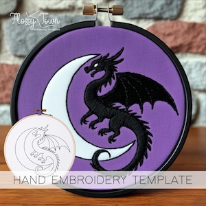 Dragon Moon Embroidery Template (NO STITCH GUIDE), Simple Dragon Embroidery Design Template, Fantasy Embroidery Mythical Creatures