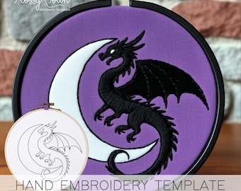 Dragon Moon Embroidery Template (NO STITCH GUIDE), Simple Dragon Embroidery Design Template, Fantasy Embroidery Mythical Creatures