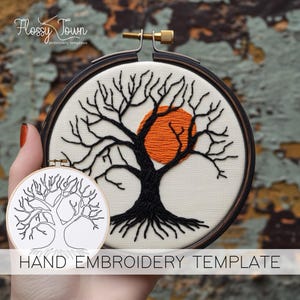 Night Tree Hand Embroidery Template (NO STITCH GUIDE), Spooky Tree Embroidery Pattern, Tree And Moon Embroidery Simple Tree Branches